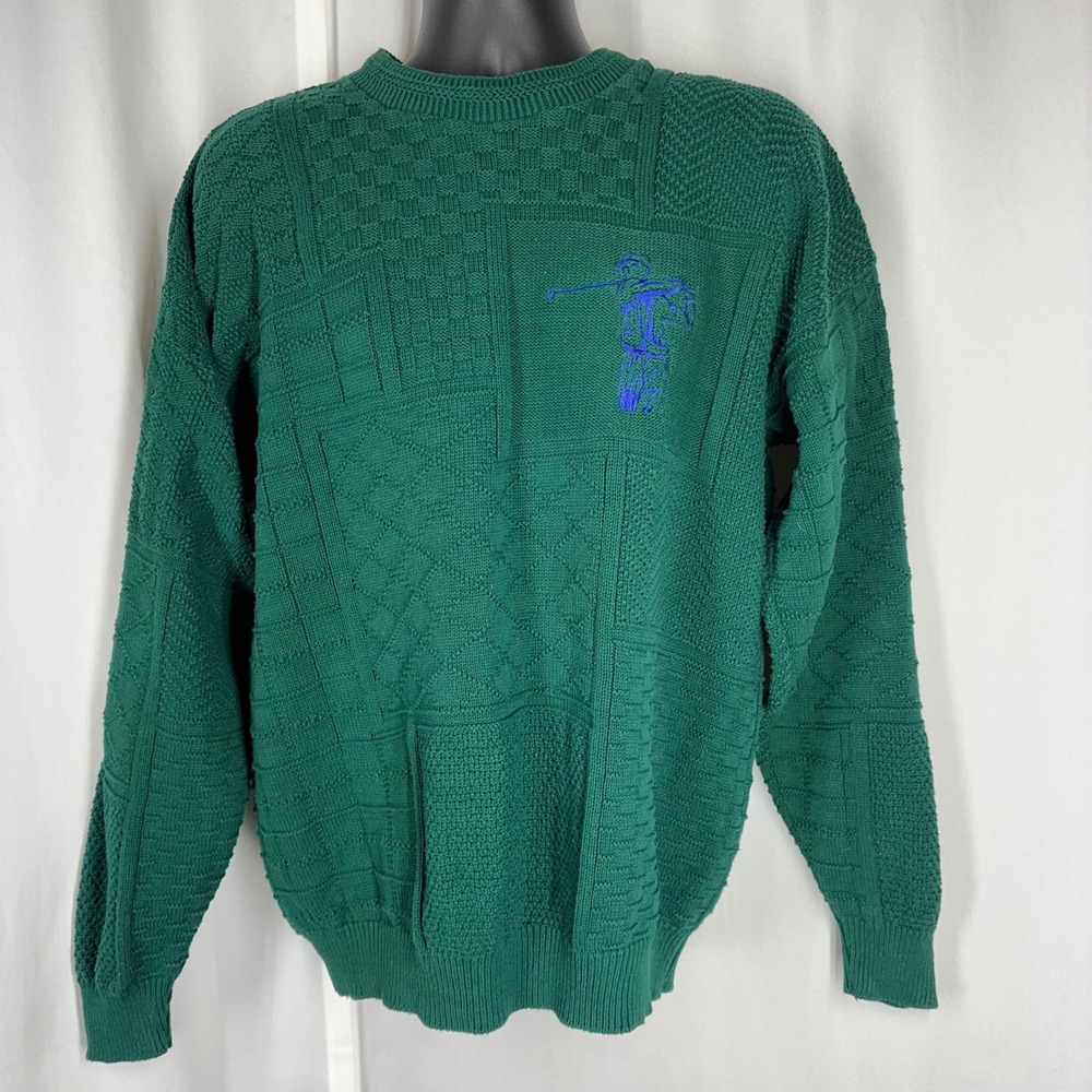 Vintage Sutter & Grant Golf Sweater Men's Large Green Patchwork Knit Golfer USA